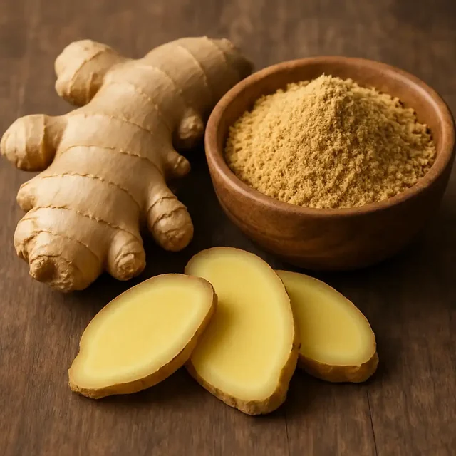 Fresh ginger root and ground ginger in a bowl