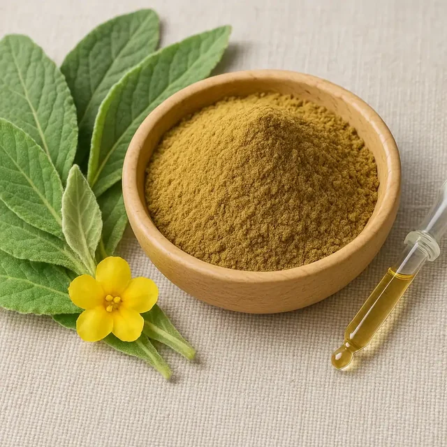 Mullein leaf powder in a wooden bowl beside fresh mullein leaves and flowers